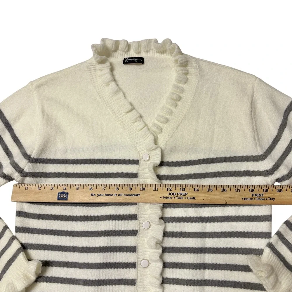 Pretty Garden Cardigan Sweater‎ Women M Stripes Nautical Buttons Soft Ruffle - Picture 4 of 9